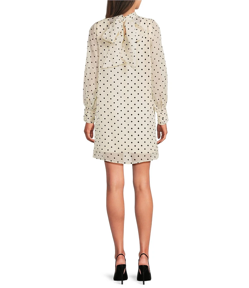 BCBG Organza Mock Neck Long Illusion Sleeve Dotted Shift Dress