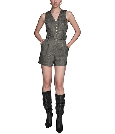 BCBG Plaid V Neck Short Romper