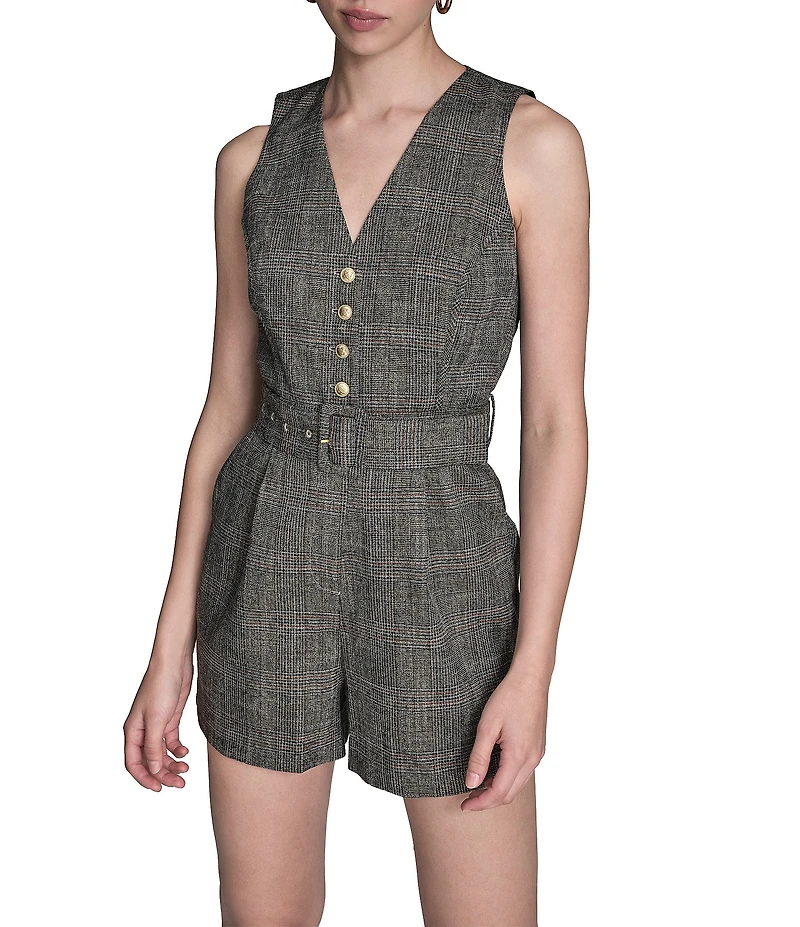 BCBG Plaid V Neck Short Romper