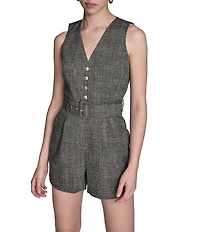 BCBG Plaid V Neck Short Romper