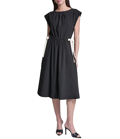 BCBG Pleated Crew Neck Cap Sleeve Side Tie Stretch Midi Dress