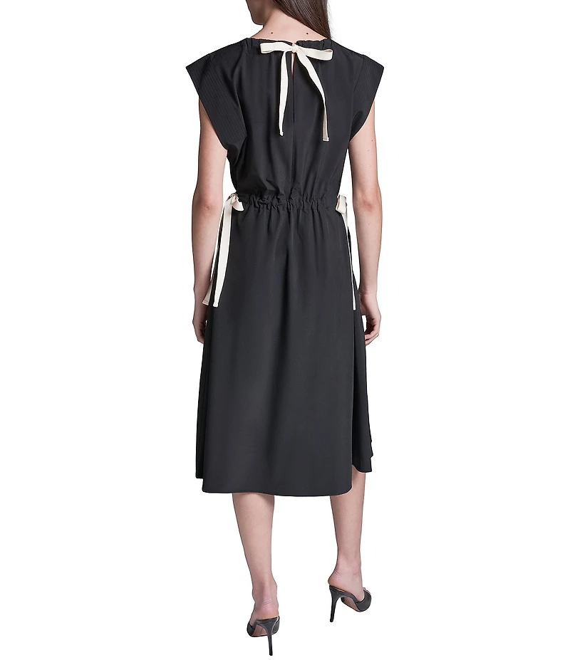 BCBG Pleated Crew Neck Cap Sleeve Side Tie Stretch Midi Dress