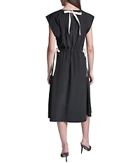 BCBG Pleated Crew Neck Cap Sleeve Side Tie Stretch Midi Dress