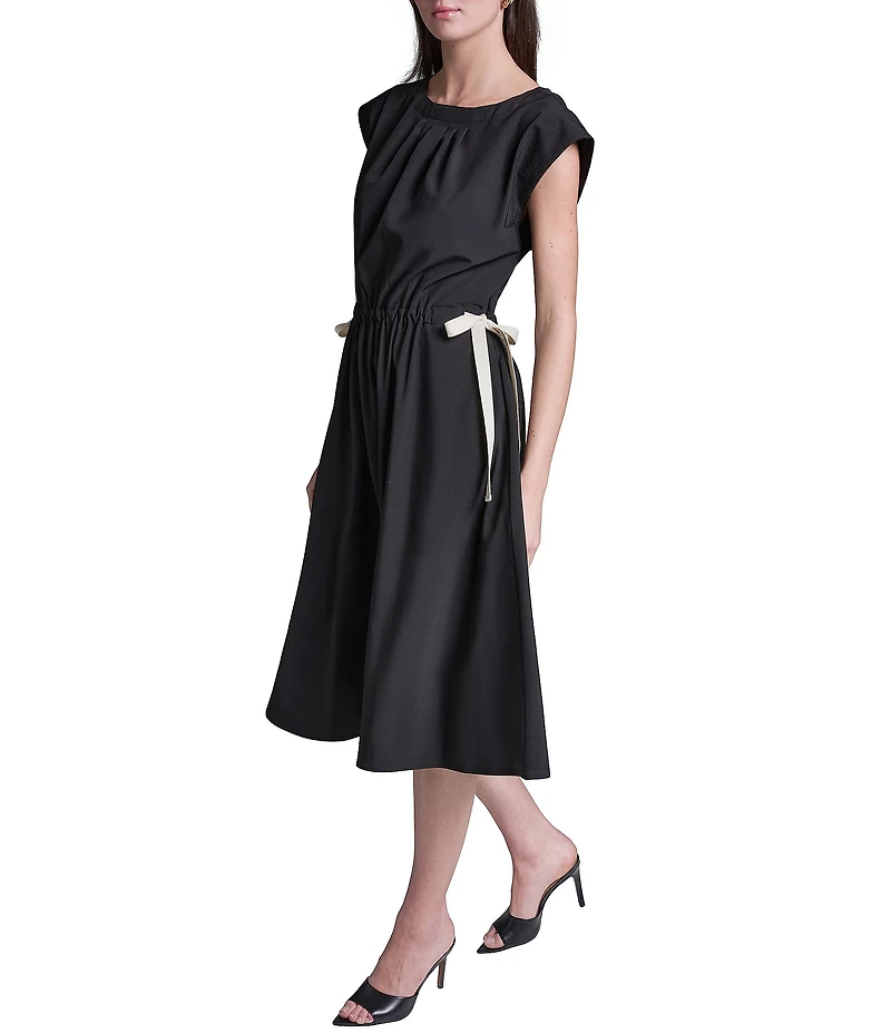 BCBG Pleated Crew Neck Cap Sleeve Side Tie Stretch Midi Dress