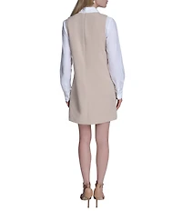 BCBG Point Collar Button Front Rhinestone Stretch Twofer Shift Dress