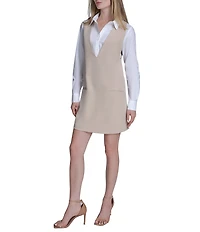 BCBG Point Collar Button Front Rhinestone Stretch Twofer Shift Dress