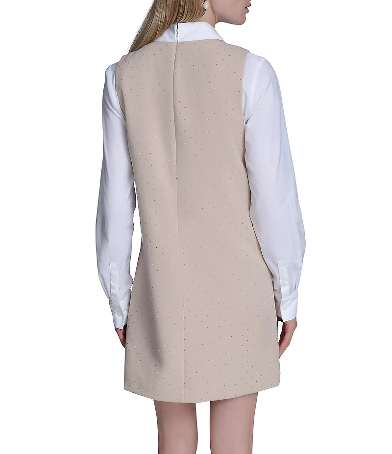BCBG Point Collar Button Front Rhinestone Stretch Twofer Shift Dress
