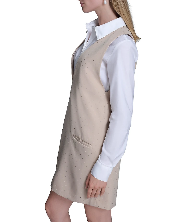 BCBG Point Collar Button Front Rhinestone Stretch Twofer Shift Dress