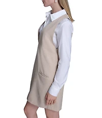 BCBG Point Collar Button Front Rhinestone Stretch Twofer Shift Dress