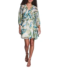 BCBG Printed Chiffon V-Neck 3/4 Sleeve Side Knot Shift Mini Dress