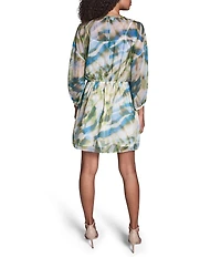 BCBG Printed Chiffon V-Neck 3/4 Sleeve Side Knot Shift Mini Dress