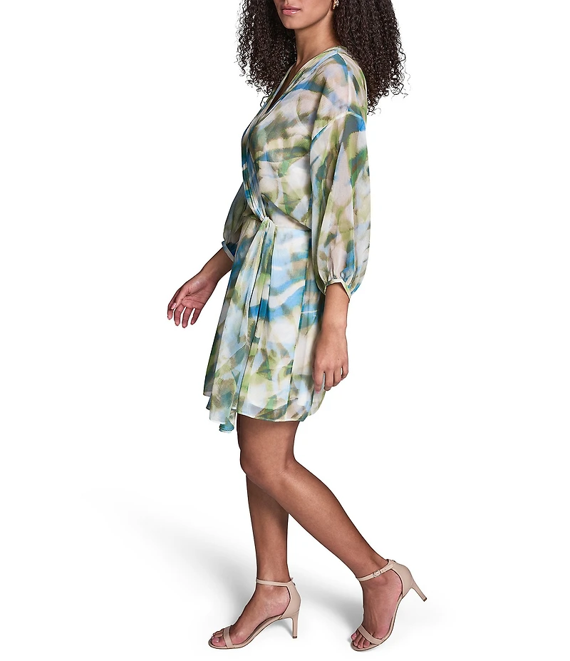 BCBG Printed Chiffon V-Neck 3/4 Sleeve Side Knot Shift Mini Dress