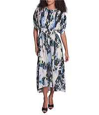 BCBG Printed Crinkle Chiffon Crew Rhinestone Trim Neckline Short Sleeve A-Line Midi Dress