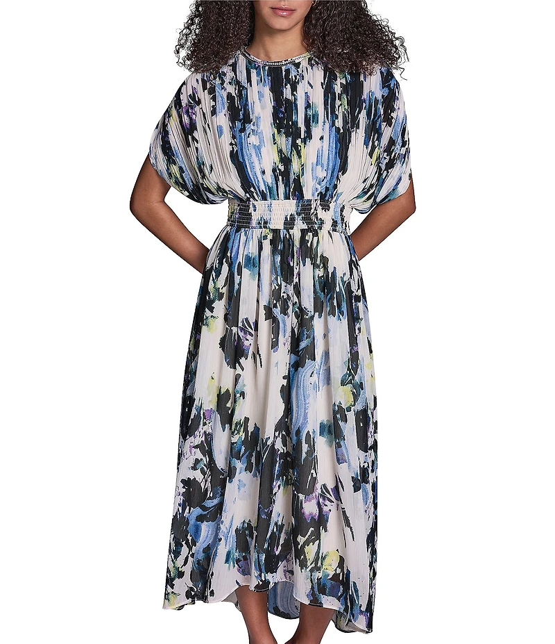 BCBG Printed Crinkle Chiffon Crew Rhinestone Trim Neckline Short Sleeve A-Line Midi Dress