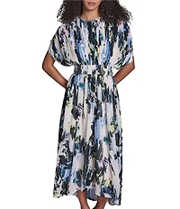 BCBG Printed Crinkle Chiffon Crew Rhinestone Trim Neckline Short Sleeve A-Line Midi Dress