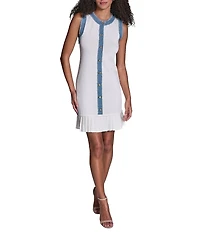 BCBG Ribbed Knit Denim Button Trim Sheath Mini Dress
