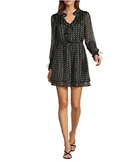 BCBG Ruffle V Neck Long Sleeve Dotted Mini Dress