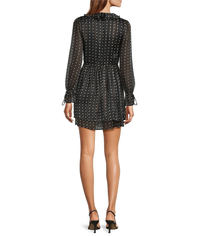 BCBG Ruffle V Neck Long Sleeve Dotted Mini Dress