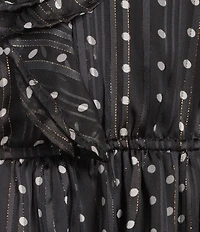 BCBG Ruffle V Neck Long Sleeve Dotted Mini Dress