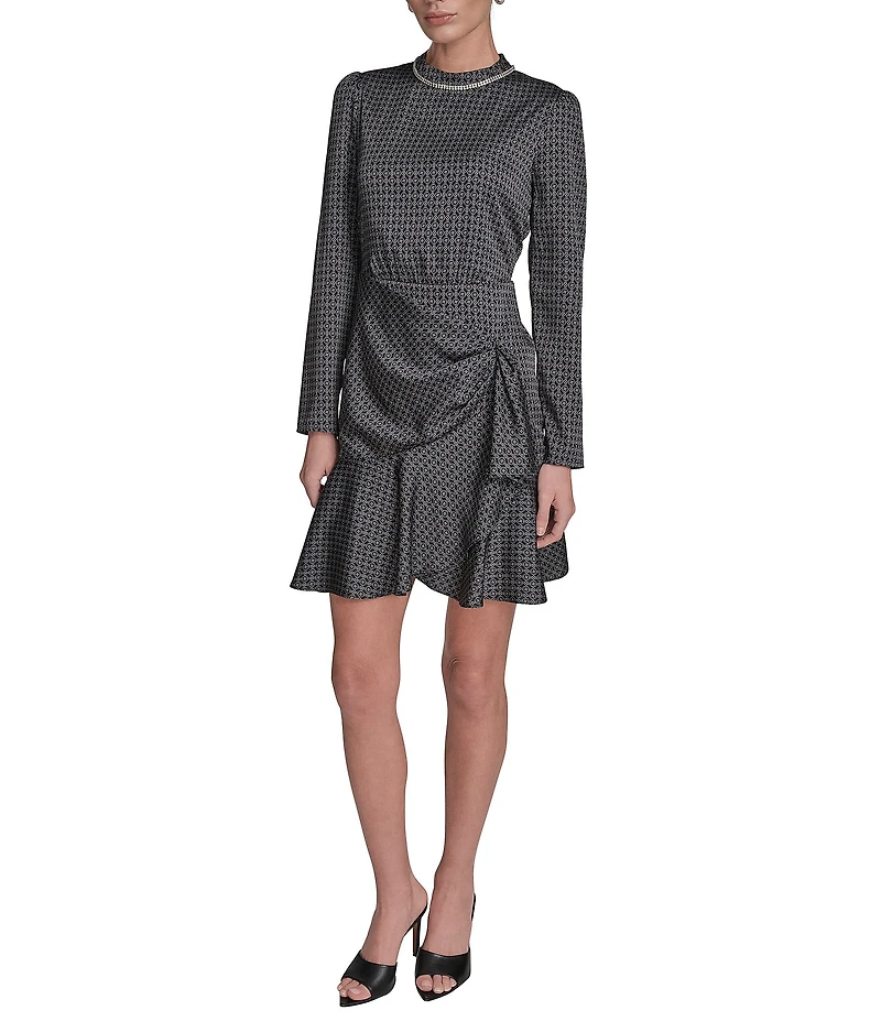 BCBG Satin Long Sleeve Mock Neck Printed Faux Wrap Mini A-Line Dress