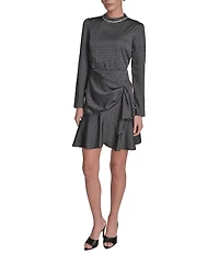 BCBG Satin Long Sleeve Mock Neck Printed Faux Wrap Mini A-Line Dress