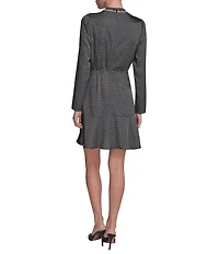 BCBG Satin Long Sleeve Mock Neck Printed Faux Wrap Mini A-Line Dress