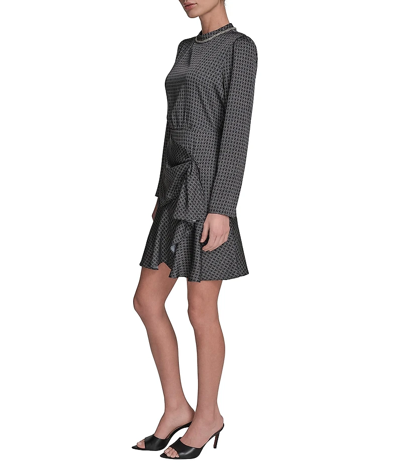 BCBG Satin Long Sleeve Mock Neck Printed Faux Wrap Mini A-Line Dress