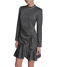 BCBG Satin Long Sleeve Mock Neck Printed Faux Wrap Mini A-Line Dress