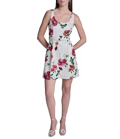BCBG Scoop Neck Floral Scuba Belted Sheath Dress