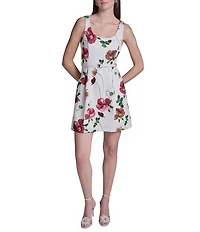 BCBG Scoop Neck Floral Scuba Belted Sheath Dress