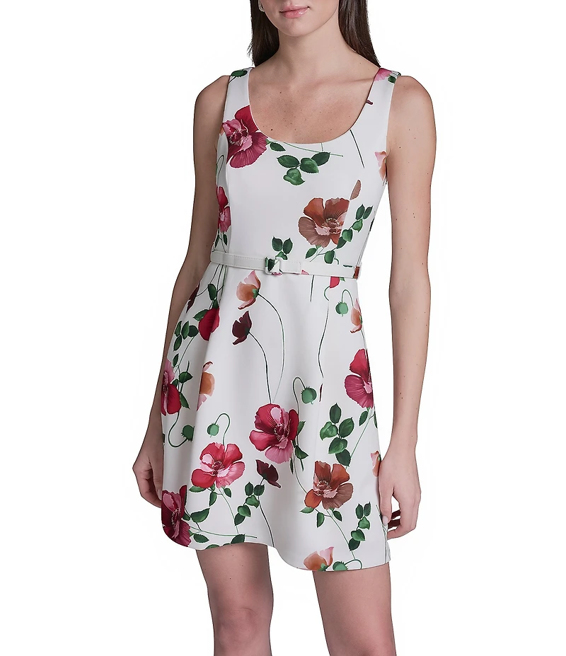 BCBG Scoop Neck Floral Scuba Belted Sheath Dress