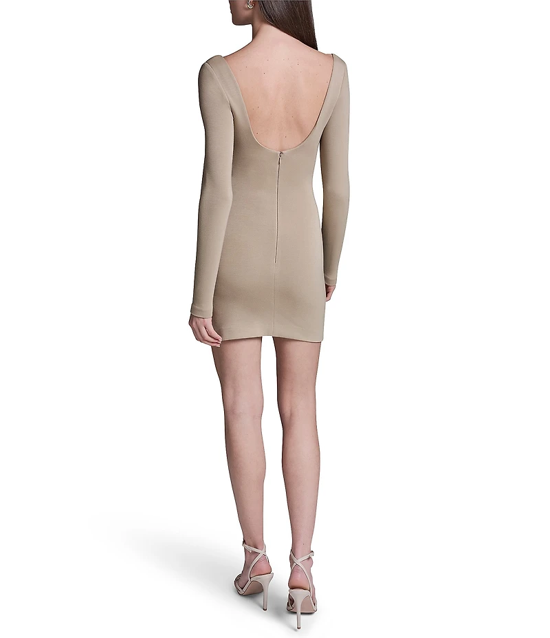 BCBG Scoop Neck Long Sleeve Low Back Side Ruched Sheath Knit Mini Dress