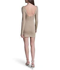 BCBG Scoop Neck Long Sleeve Low Back Side Ruched Sheath Knit Mini Dress