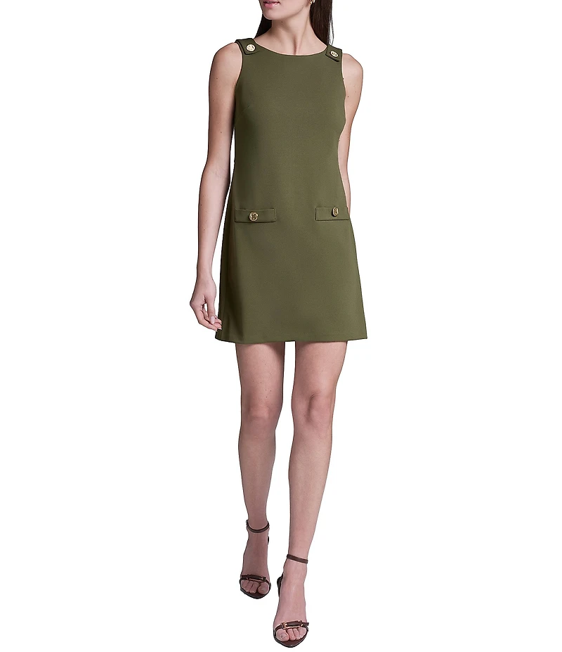 BCBG Scuba Crepe Crew Neck Sleeveless Button Detail Sheath Mini Shift