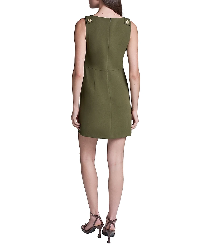 BCBG Scuba Crepe Crew Neck Sleeveless Button Detail Sheath Mini Shift