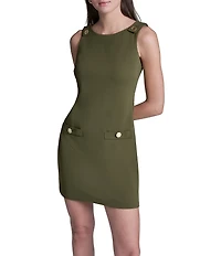 BCBG Scuba Crepe Crew Neck Sleeveless Button Detail Sheath Mini Shift