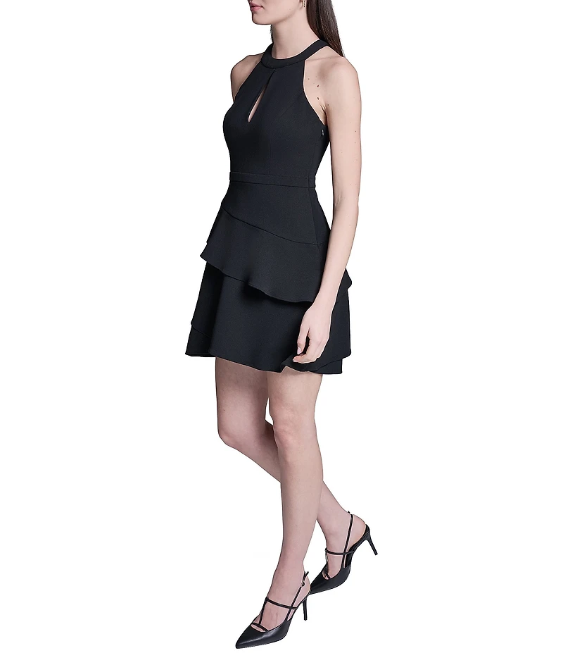 BCBG Scuba Crepe Halter Ruffle Short Dress