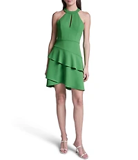 BCBG Scuba Crepe Halter Ruffle Short Dress