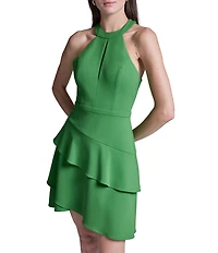 BCBG Scuba Crepe Halter Ruffle Short Dress