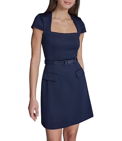 BCBG Scuba Square Neck Short Sleeve Belted Mini Dress