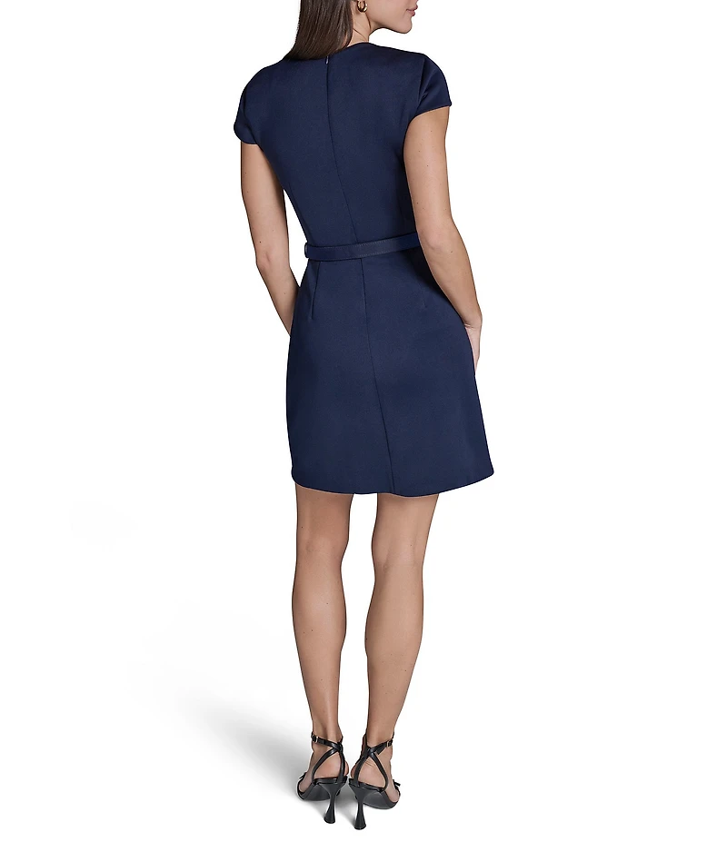 BCBG Scuba Square Neck Short Sleeve Belted Mini Dress