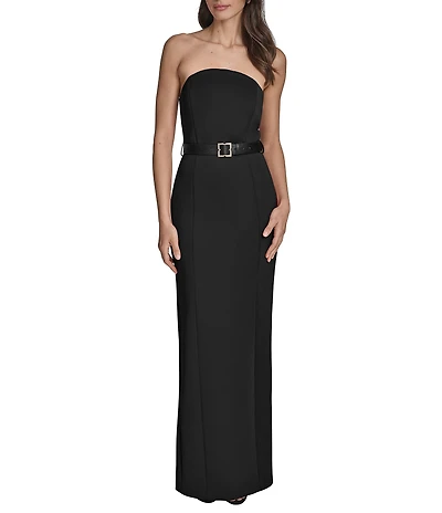 BCBG Scuba Strapless Belted Sleeveless Sheath Maxi Dress