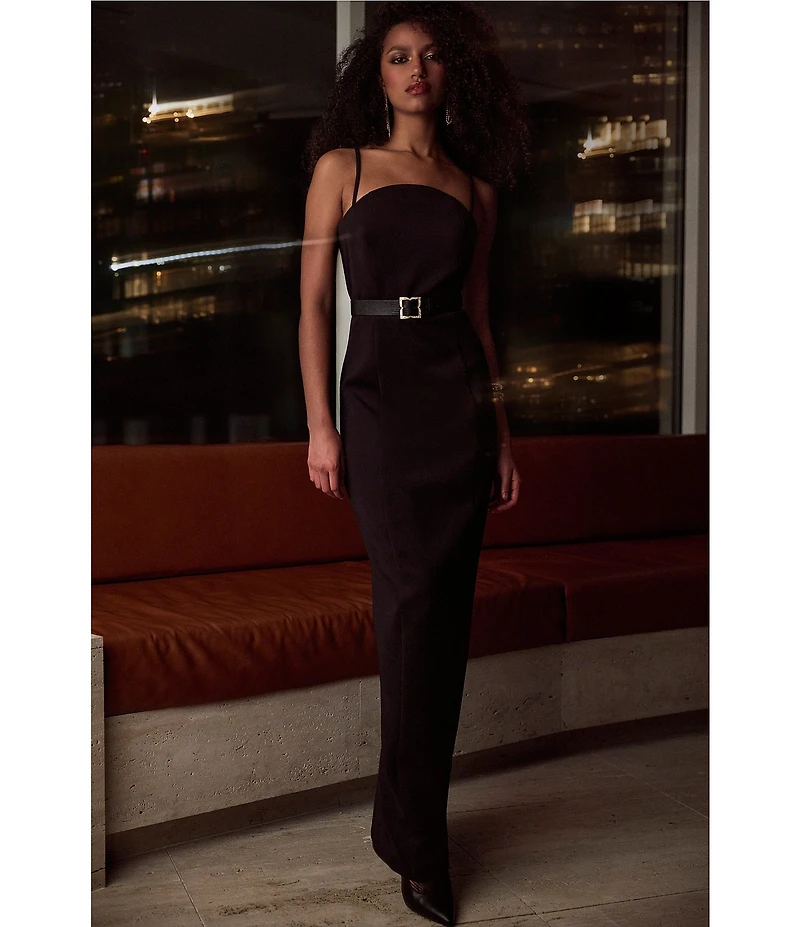 BCBG Scuba Strapless Belted Sleeveless Sheath Maxi Dress
