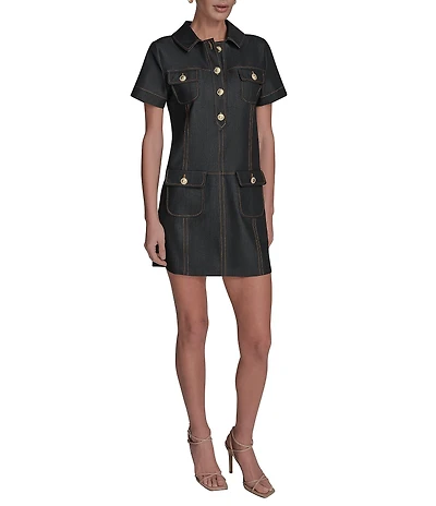 BCBG Short Sleeve Collared Mini Sheath Denim Mini Dress