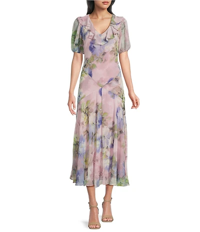 BCBG Chiffon Floral Print Short Puff Sleeve Sheath Midi Dress
