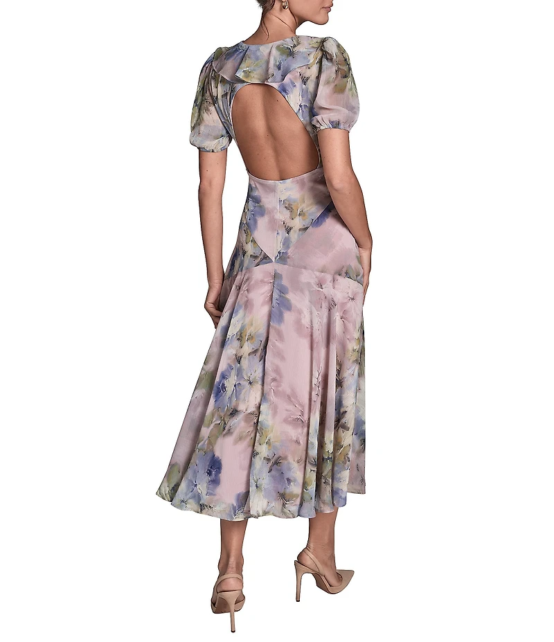 BCBG Chiffon Floral Print Short Puff Sleeve Sheath Midi Dress