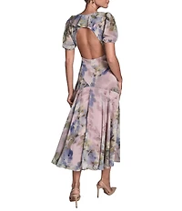 BCBG Chiffon Floral Print Short Puff Sleeve Sheath Midi Dress