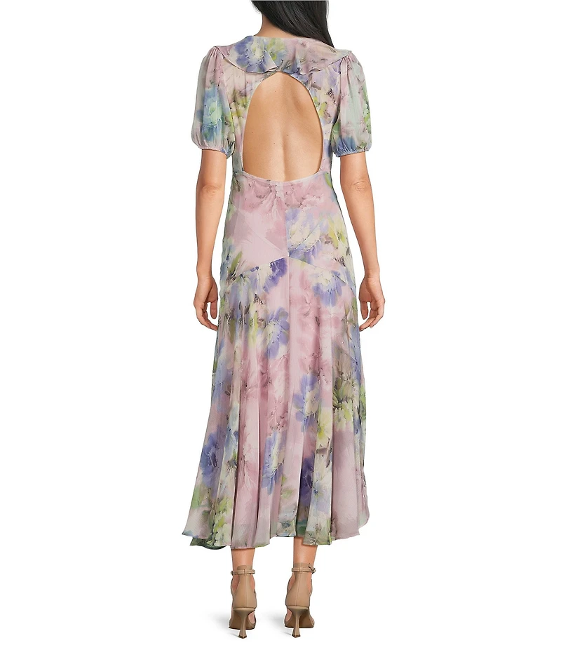 BCBG Chiffon Floral Print Short Puff Sleeve Sheath Midi Dress