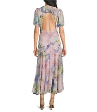 BCBG Chiffon Floral Print Short Puff Sleeve Sheath Midi Dress