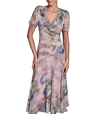 BCBG Chiffon Floral Print Short Puff Sleeve Sheath Midi Dress